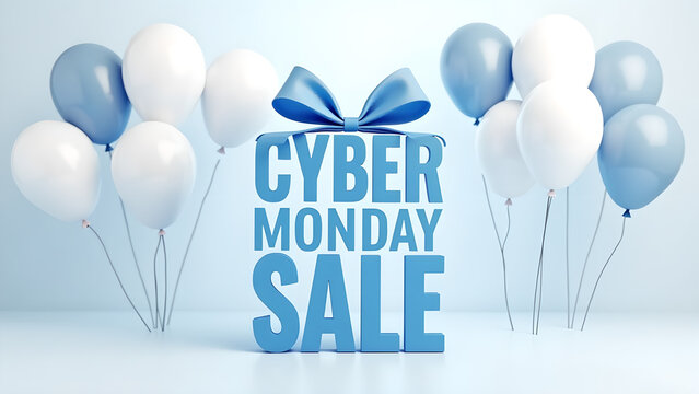 Cyber Monday Sale Banner with Balloons and Gift Box. Concept of Online Shopping and Discount.