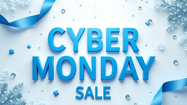 Cyber Monday Sale Blue Text on White Background. Concept of Online Shopping and Discount.