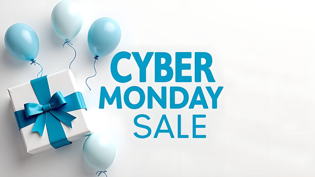 Cyber Monday Sale Banner with Gift Box and Balloons. Concept of online shopping and discount.