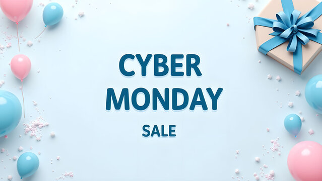 Cyber Monday Sale Banner with Gift Box and Balloons. Concept of online shopping and promotion.