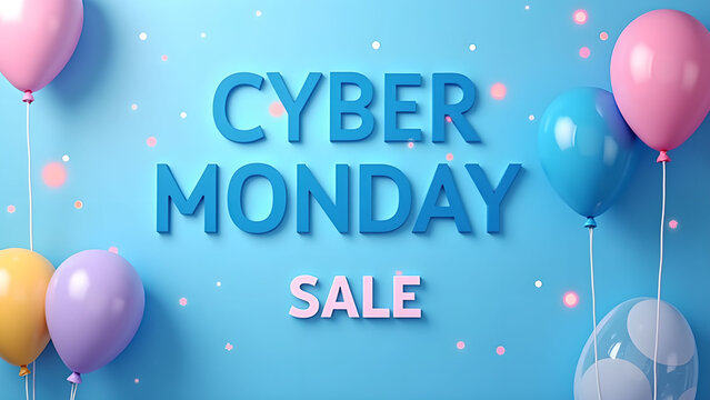 Cyber Monday Sale Banner with Balloons. Concept of online shopping, discount, and promotion.