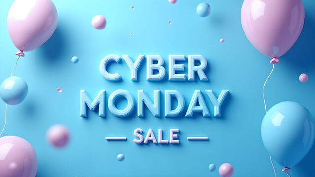 Cyber Monday Sale Banner with Balloons. Concept of online shopping and discount.
