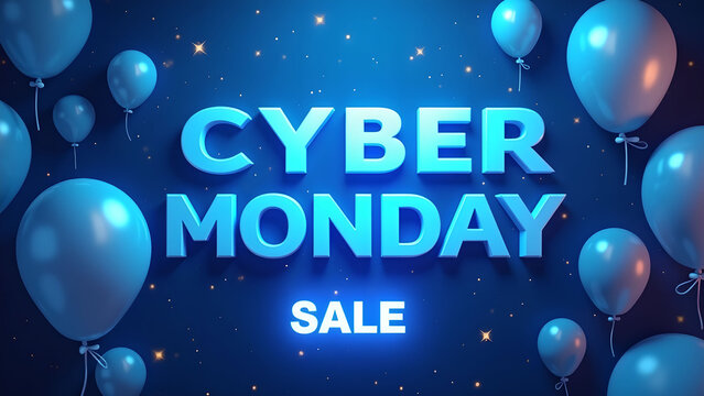 Cyber Monday Sale Banner with Balloons. Concept of Online Shopping and Discount.