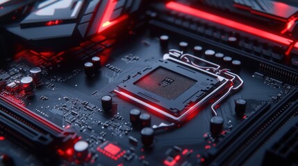 Fototapeta premium Close-up of a computer motherboard with CPU, illuminated with red LED lights.