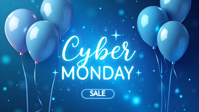 Cyber Monday Sale Banner with Blue Balloons. Concept of online shopping and e commerce.