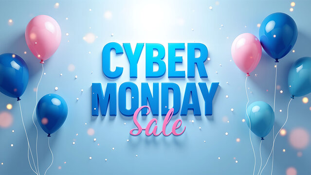 Cyber Monday Sale Banner with Balloons and Confetti. Concept of Online Shopping and Discount.