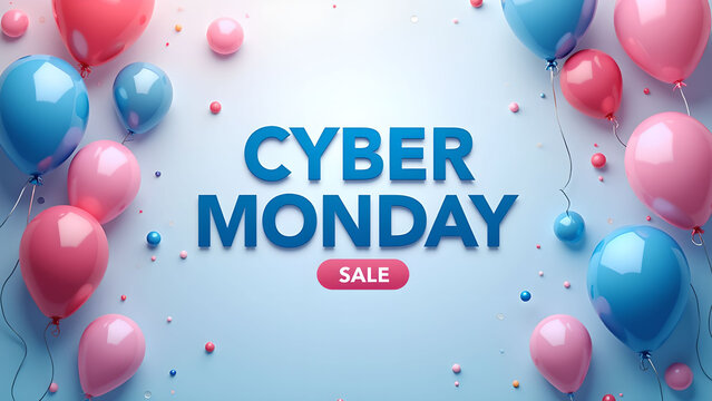 Cyber Monday Sale Banner with Balloons. Concept of online shopping and discount.