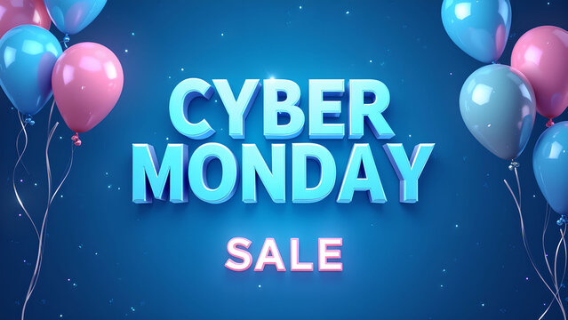 Cyber Monday Sale Banner with Balloons. Concept of online shopping and discount.