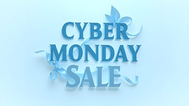 Cyber Monday Sale Text with Ribbon on Blue Background. Concept of Online Shopping and E commerce.