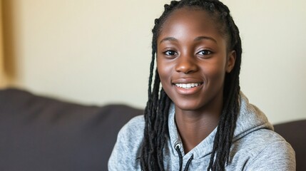 Smiling young Black woman with dreadlocks.