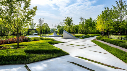 Berlin Geometric Park with modern sculptures and angular pathways, innovative German retreat