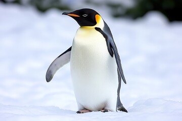 Fototapeta premium Emperor penguin stands in snow, gaze focused, wings slightly open