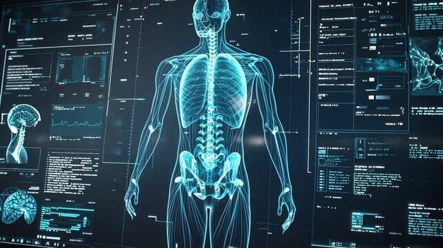 Digital Anatomy: A translucent, skeletal figure stands against a backdrop of glowing, futuristic data displays.