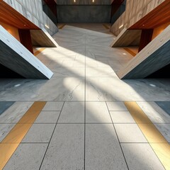 Obraz premium Modernist architecture interior, dramatic angular ceiling beams, sunlight and shadows, geometric patterns, polished marble floor, minimalist design, high contrast, symmetrical composition, architectur