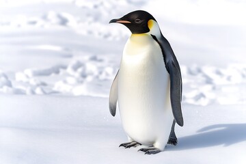 Obraz premium Emperor penguin in snowy landscape, sunshine, clear sky