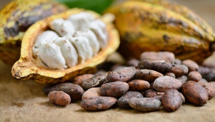 Obraz premium Freshly Harvested Cocoa Pods and Cocoa Beans Spread on a Wooden Surface
