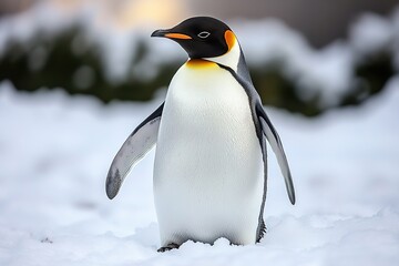 Emperor penguin in snowy habitat, looking to side