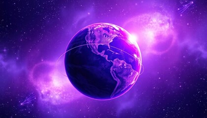 Fototapeta premium Purple planet Earth in outer space. Digital art. Cosmic space background. Abstract globe. Futuristic technology. Starry night sky. Galaxy. Astronomy theme. Virtual environment. Tech design. Global