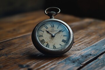 Antique pocket watch with Roman numerals rests on aged wooden surface.