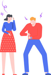 Impatient man angrily pointing at his wristwatch while waiting for a late woman talking on the phone, concept of lack of punctuality and disrespect