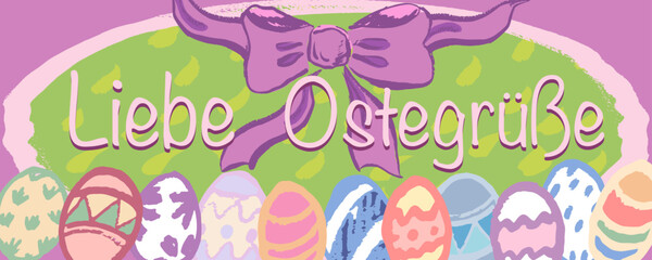  Ostergrußkarte mit vielen Eiern. handgezeichnet mit Textur, Vektor, isoliert. mit Schleife und wunderschönen Frühlingsfarben