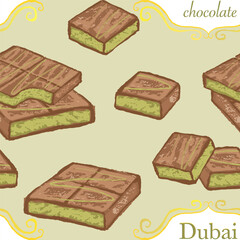 Pattern with viral pistachio Dubai chocolate. Vector, isolated. Hand draw with texture.