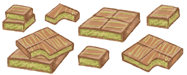 Set of Viral Dubai chocolate, hand draw, pistachio. Vector, isolated, texture and nice colors.