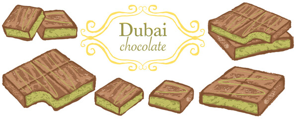 Banner with Dubai chocolate. Hand draw with texture and nice colors. Pistachio paste filling. Vector, isolated. hand draw with texture.