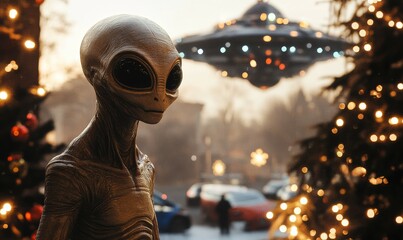 Alien visiting Earth for Christmas, spaceship in the background