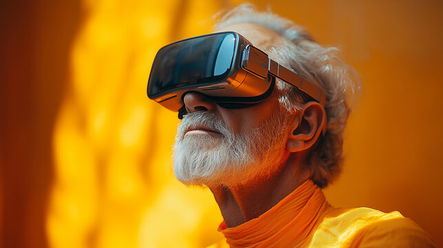 Portrait of excited mature man with white hair and beard wearing vr headset on eyes in front of yellow futuristic background. Virtual reality lifestyle. Generative AI