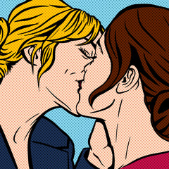 Kiss. Two young women kissing, pop art comic retro vector illustration