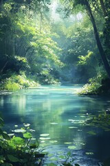 Obraz premium Serene forest stream, lush green canopy, water lilies.