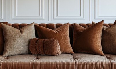 Artistic mocha mousse pillow covers arranged on a velvet sectional.