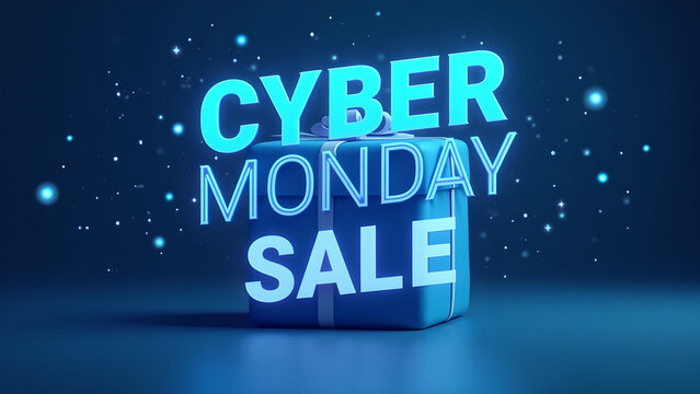 Cyber Monday Sale Promotional Concept with Gift Box and Glowing Text.