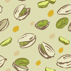 Pattern of pistachios, vector, isolated. Hand draw,  with texture and brush strokes. Nice pastel colors and dots.