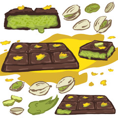 Set of  Dubai chocolate with pistachios and kataifi dough.  Vector illustration of viral pistachio chocolate. Hand draw with texture. Isolated.