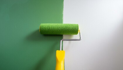 Obraz premium Roller applying paint to wall, scene of smooth rolling on wall