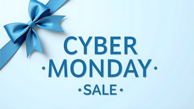 Cyber Monday Sale Banner with Blue Ribbon. Concept of Online Shopping and E commerce.