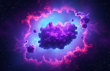 Obraz premium Colorful space scene shows large purple, pink clouds floating in space. Vibrant colors create fantasy nebula effect. Stars, celestial bodies visible in dark background. Abstract cosmic art. Looks