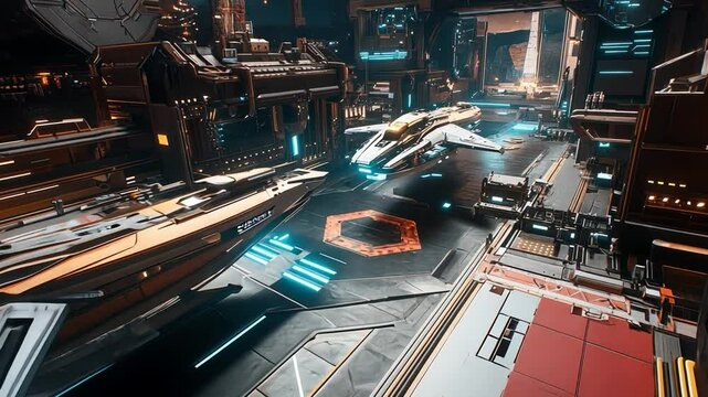 Starship Hangar: Futuristic Spaceships Docked in a Sci-Fi Spaceport