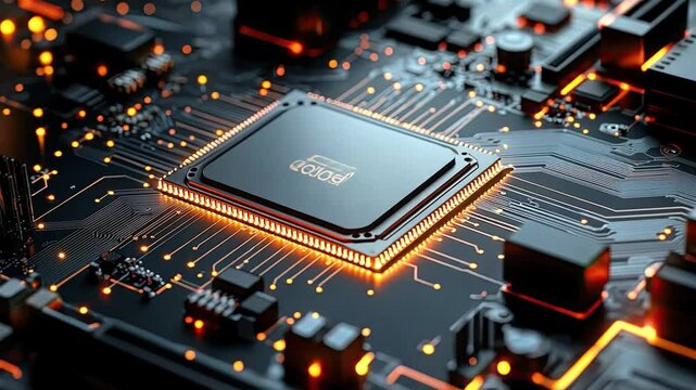 Central Processing Unit: High-resolution close-up of a powerful CPU on a circuit board, glowing with warm light, showcasing intricate details and technological prowess.  