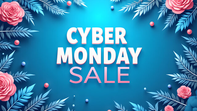 Cyber Monday Sale Banner with Floral Decoration. Concept of Online Shopping and Discount.
