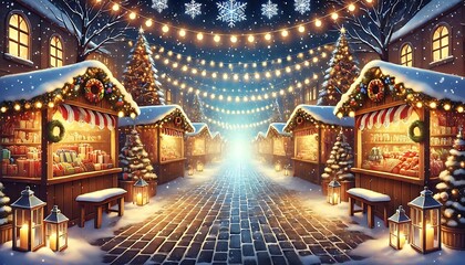 Illustrate festive winter market background with glowing wooden stalls, string lights, and snowy cobblestone street filled with cheerful holiday vibes using Generative AI