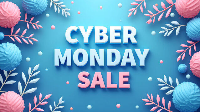 Cyber Monday Sale Banner with Decorative Elements. Concept of Online Shopping and Discount.