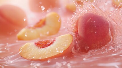 Fresh peaches splashing in pink juice.