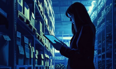 female IT-specialist is checking something on smart tablet while standing in warehouse, shelves with vegetables are on the background.
