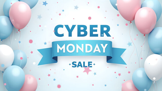 Cyber Monday Sale Banner with Balloons and Confetti. Concept of online shopping and discount.