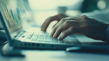 Close-up of hands typing on laptop, financial data on screen.