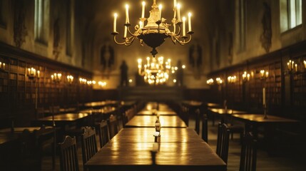 Grand hall with candlelit chandeliers and long wooden tables.