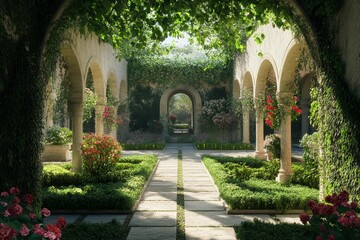 Fototapeta premium Sunlit stone courtyard, lush greenery, flowering plants.